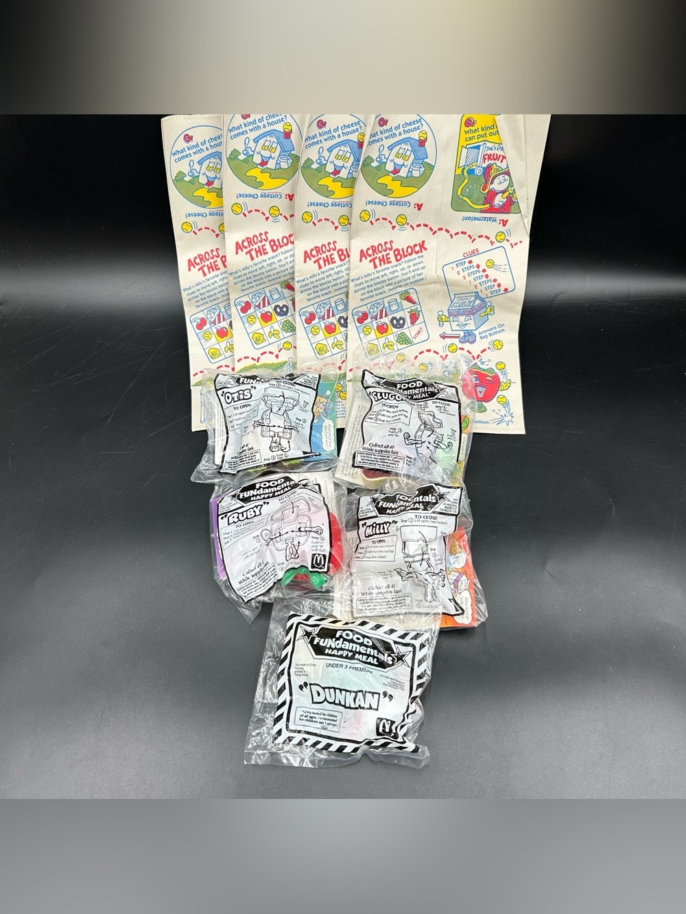 1992 McDonalds Food FUNdamentals Set of 4 Plus Dunkan Under 3 Bags Sealed